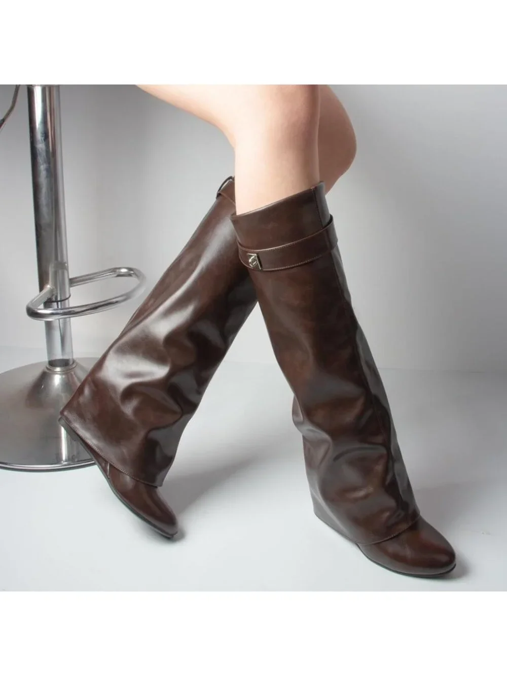 Women's Brown Pointed Toe Wedge Heel Comfortable Fold Over Knee High Shark Boots